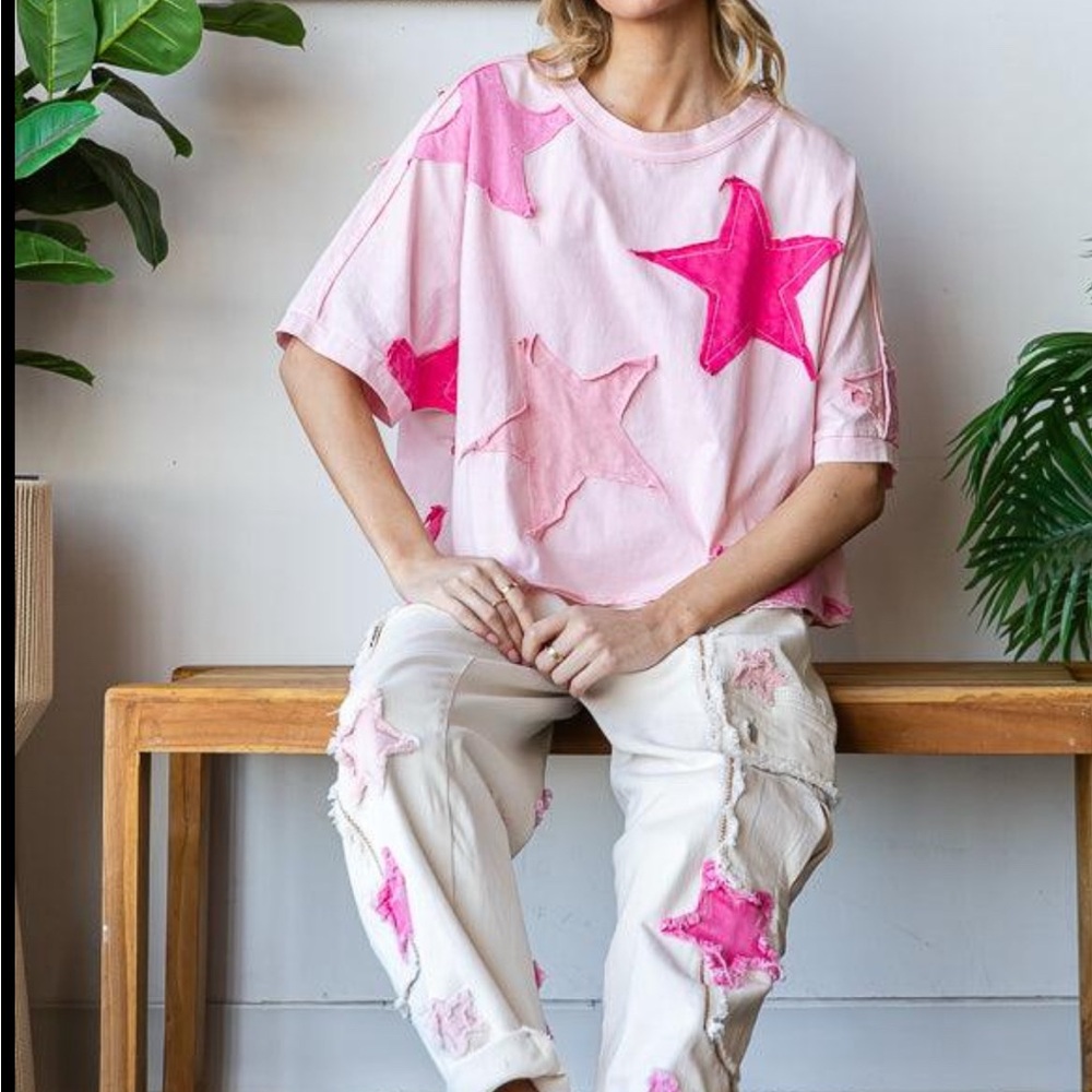 Oli & Hali Washed Pink Star Patched Oversized Tee